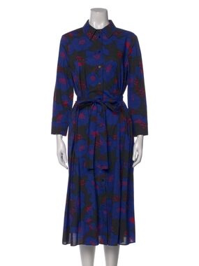Carolina Herrera Blue and Red Floral Long-Sleeve Tie-Waist Shirt Dress